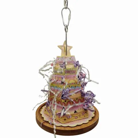GoWitPaws Parrot Birthday Cake Foraging Toy - DIY Pop-Up Celebration Toy with 5" Bamboo Feeding Tray (keeps mess in), Stainless Steel Skewer Veggie Rod, 30g Shred Paper, Reusable Enrichment Feeding Station for Small Pets, Creates Photo-Worthy Moments