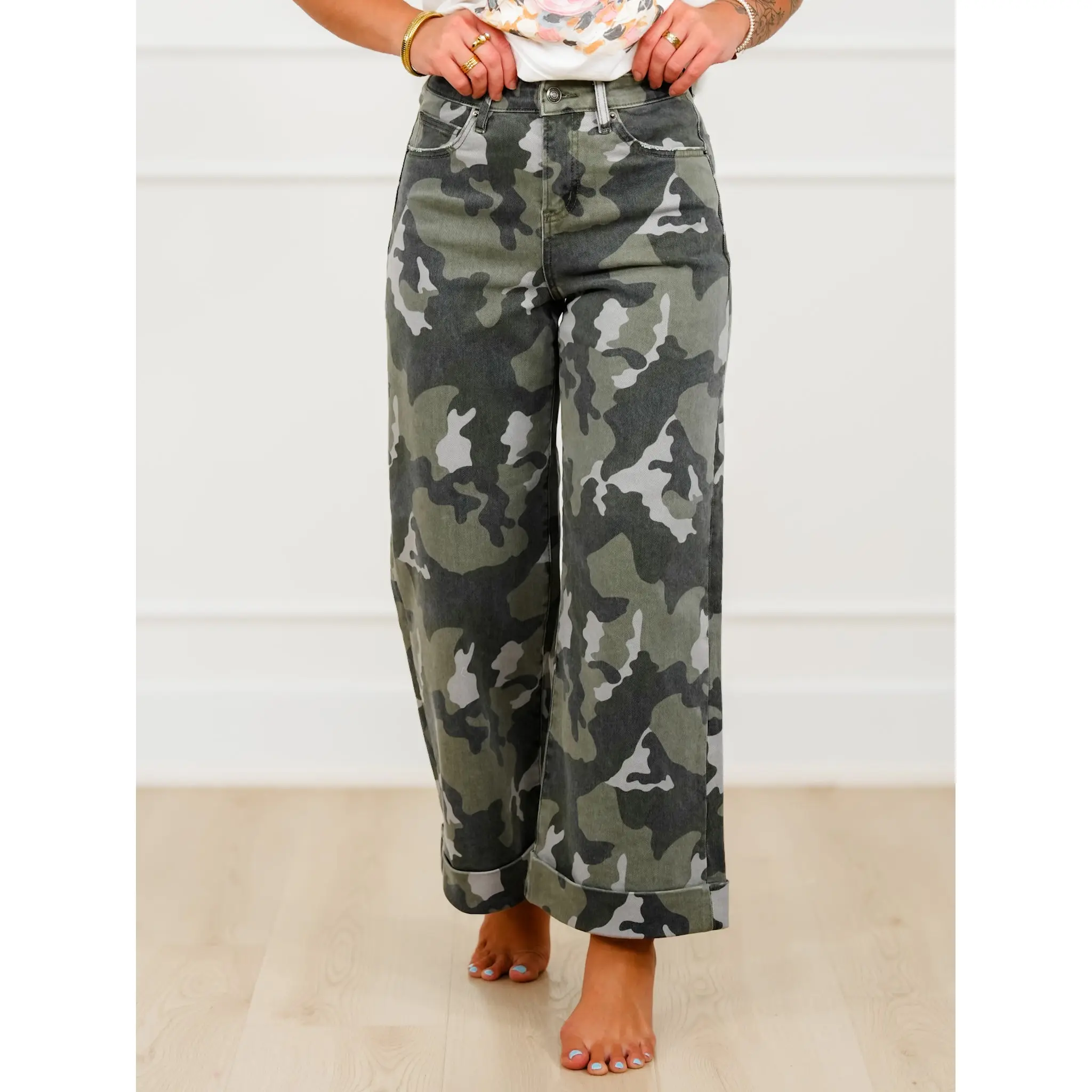 Mica High Rise Camo Wide Leg Cuffed Hem Jeans