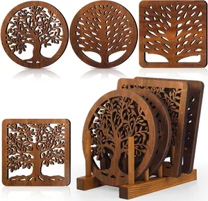 5 Pcs Life Tree Wooden Trivets with Storage Rack Hot Pads Trivets for Hot Dishes Pots and Pans Heat Resistant Trivet Mat Set Tea Pot Holders for Kitchen Dining Table