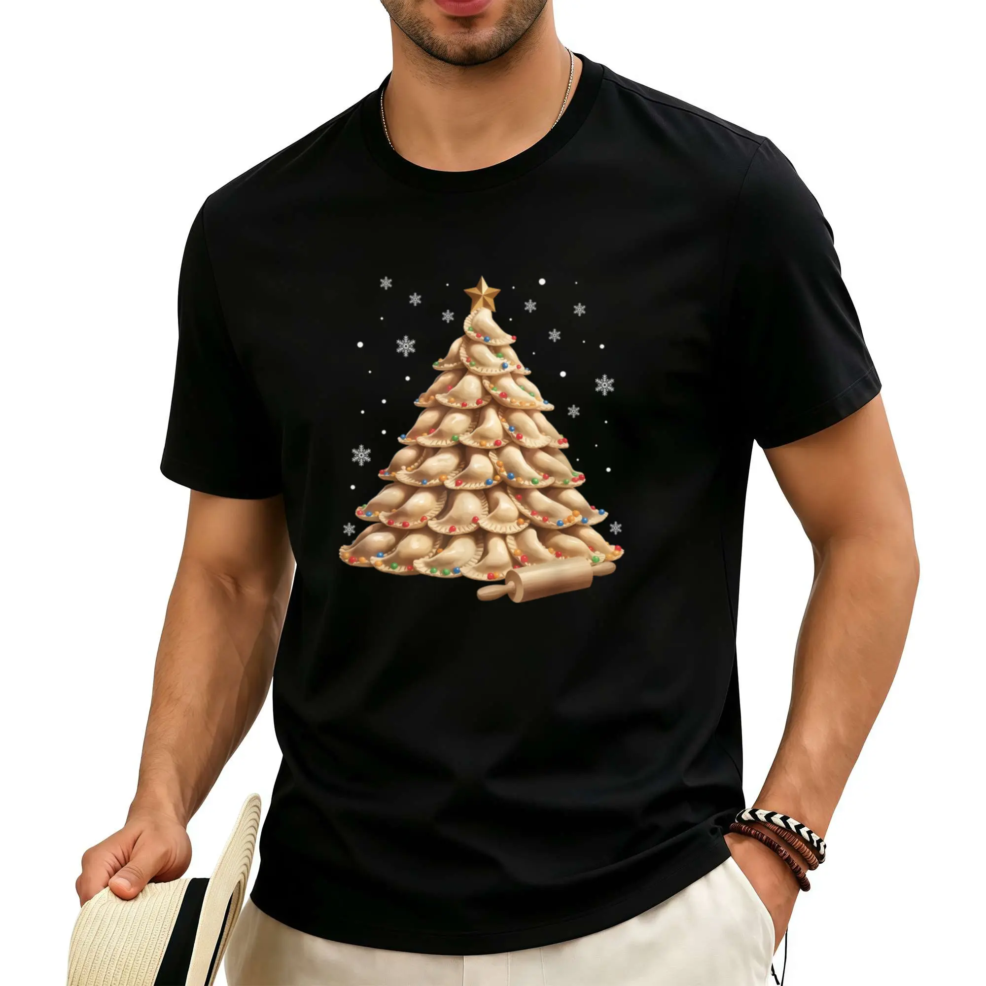 Humorous T-Shirt Featuring a Big & Tall Pierogi Tree, Perfect for Polish Christmas Cuisine. This Unisex Casual Tee Has a Round Neck And Short Sleeves, Showcasing a Festive Dumpling Design. It Offers a Bit of Stretch