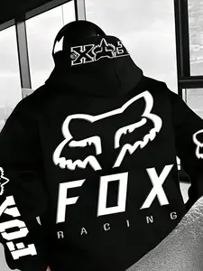 1 Men's Fox Racing Pullover Hoodie, Black with Iconic Fox Head Logo Print, Streetwear Style for Motocross Fans, Skateboarding and Casual Daily Wear