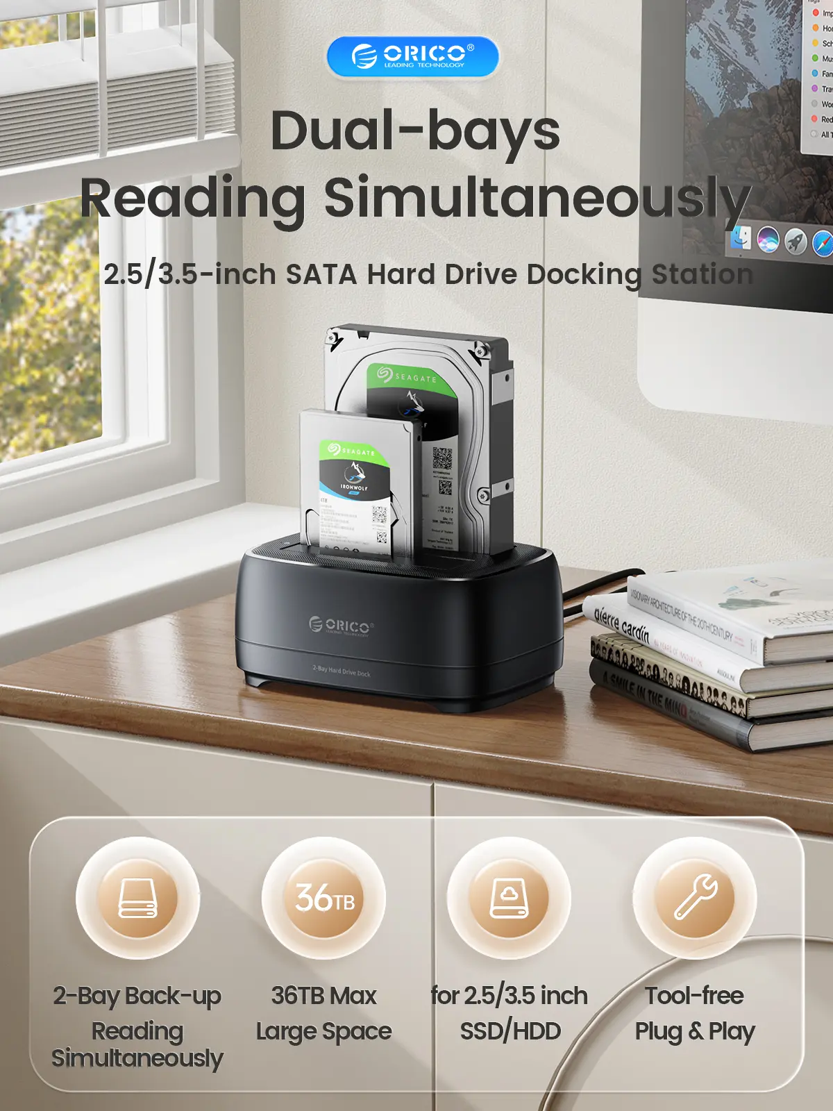 ORICO Dual Bay Hard Drive Docking Station USB 3.0 to SATA III for 3.5inch HDD Max Up to 40TB Support UASP Tool-Free for Files Backup/Game Load (Without Cloner Function)-DD28