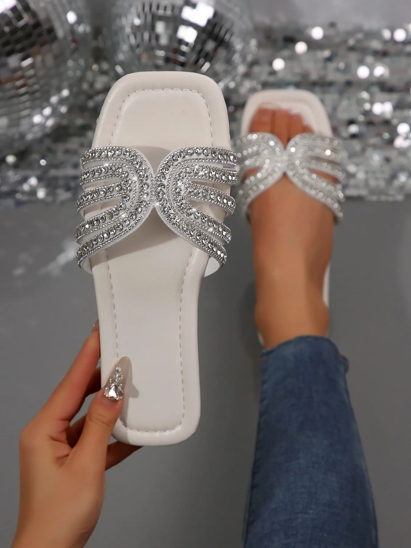 Summer New Square Toe Open-Toe Shimmering Glass Rhinestone Solid Color Casual Fashion Open Toe Flat Slip-On Women's Footwear for Beach Outdoor Beach Sandals