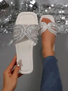 Summer New Square Toe Open-Toe Shimmering Glass Rhinestone Solid Color Casual Fashion Open Toe Flat Slip-On Women's Footwear for Beach Outdoor Beach Sandals