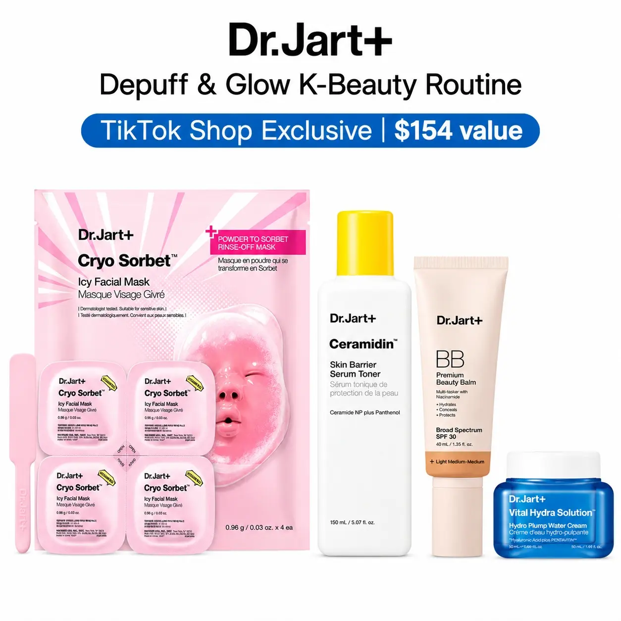 Dr.Jart+ Depuff & Glow 4-Step K-Beauty Routine | Cryo Sorbet Mask + Ceramidin Toner + BB Cream SPF30 + Vital Hydra Cream | TikTok Shop Exclusive