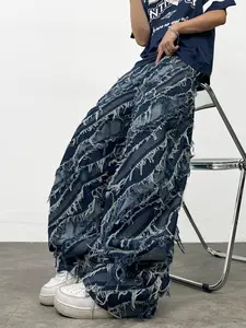Men's Loose-Fit Blue Jeans, Y2K American Street Style, Artistic Frayed Hem Wide Leg Pants, All-Season Fashion, No Belt Included