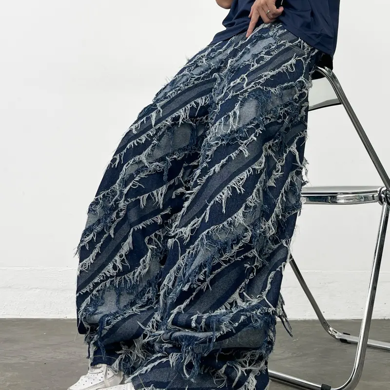 Men's Loose-Fit Blue Jeans, Y2K American Street Style, Artistic Frayed Hem Wide Leg Pants, All-Season Fashion, No Belt Included, Casual Ripped Jeans