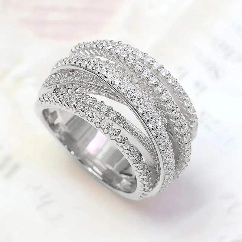Women's Chunky Interlock Ring - Multi-Layer Crossover Textured Band, Pave Cubic Zirconia, Gold-Silver-Rose Gold Coating, Trendy Fashion Jewelry Rings, Minimalist Costume Accessory