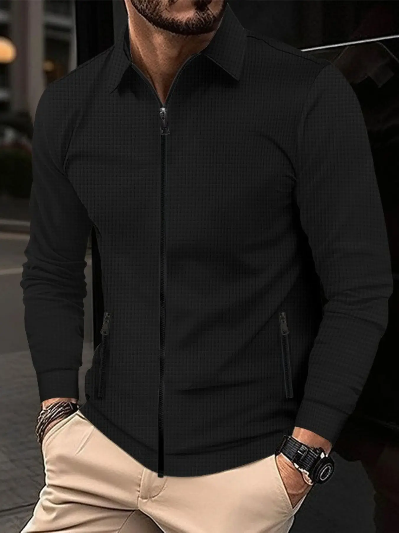 Men's Lightweight Waffle Knit Jacket, Casual Full-Zip Lapel Coat with Zip Pockets, Long Sleeve, Ideal for Outdoor Wear, Comfortable and Stylish