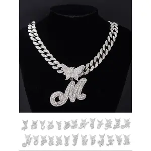 Rhinestone Butterfly & Letter Charm Pendant Necklace, Fall Punk Cuban Chunky Chain Necklace for Women Men, Streetwear Matching Chunky Jewelry for Gift Back To School, Gothic Girl Trip Out