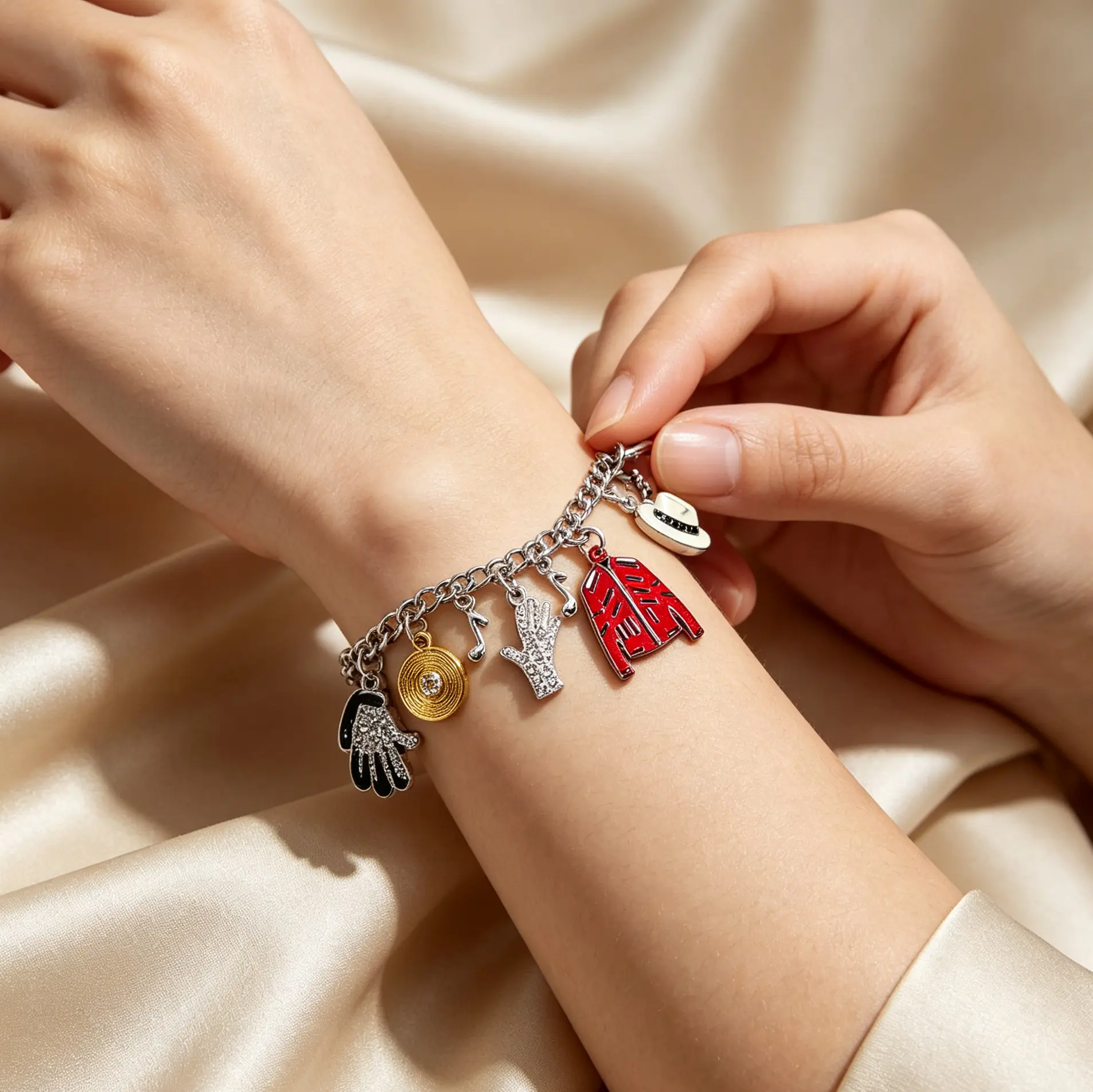Premium MJ Inspired Charm Bracelet Set | King of Pop Collectible Jewelry with Gold Record, Red Jacket & Musical Note Charms | High-Quality Silver Friendship Link Chain Bracelet for Fans | Meaningful Birthday, Christmas & Anniversary Gifts for Her Him