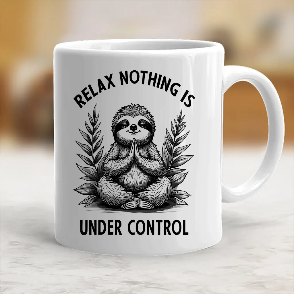 Ceramic Sloth Yoga Coffee Mug - Stylish, Modern, Durable, Printed, Washable Animal Design with Funny "Relax Nothing Is Under Control" Quote - Reusable Drink Cup - scs11879