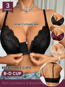Morelect 3-Pack Front Buckle Lace Push-Up Bras, B-D Cup, Easy On-Off, Breathable, Non-Squeezing, Comfortable, All Seasons