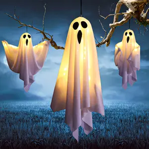 3pcs 20 Inch Halloween Hanging Ghosts, LED Flying Ghost For Halloween Decorations Outdoor Indoor Front Tree Yard Porch Glow In The Dark, Holiday Halloween Hanging Decorations Ghost Shaped LED Outdoor Decorative Lights