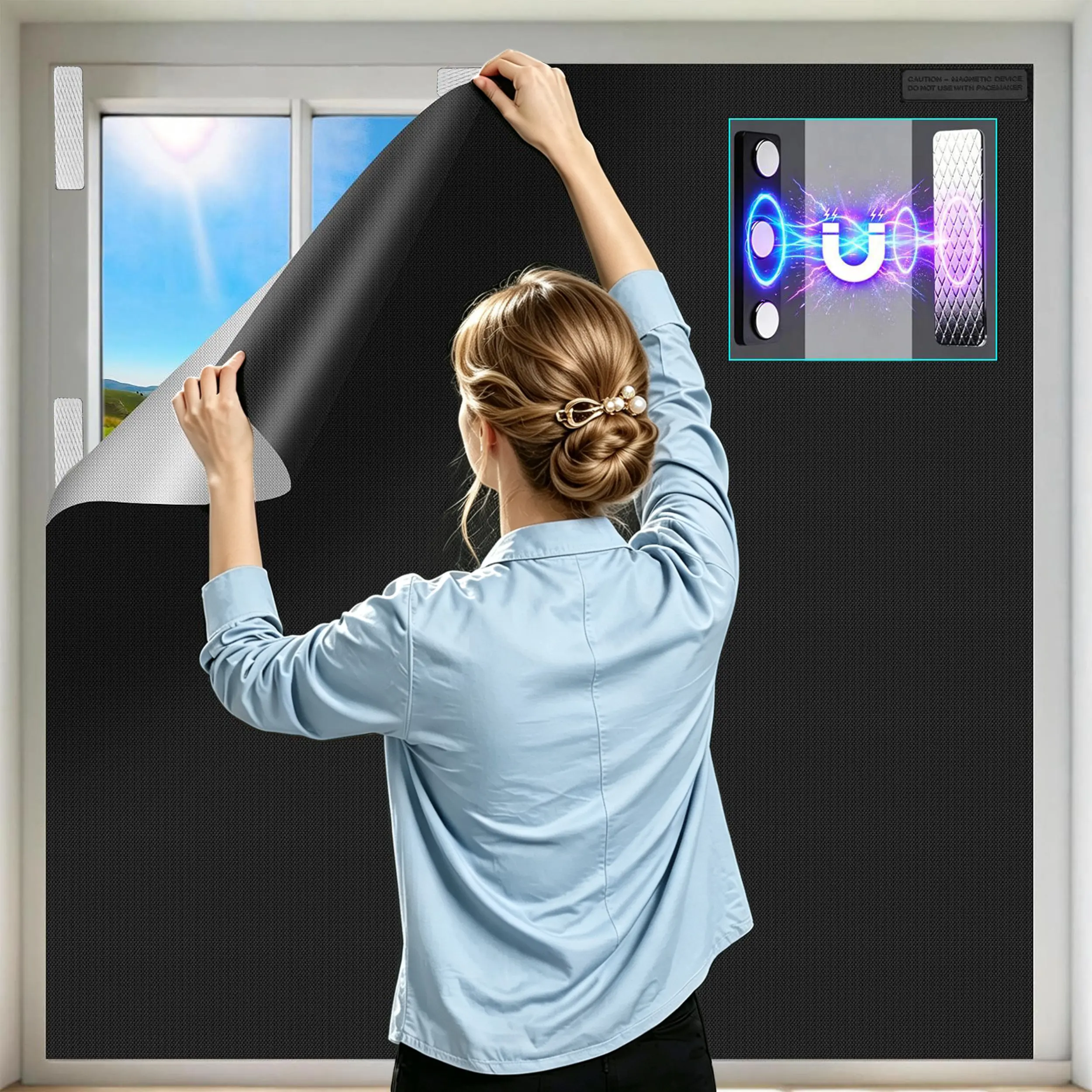 100% Blackout Waterproof Magnetic Blind Stick-On - 98x57 in PVC Film, No-Drill Strong Installation, Reusable Removable, Darkness Control for Bedroom Indoor Windows, Black, Bedroom Use