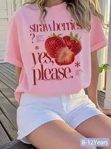 Girls' Pastel Pink Retro Strawberry Graphic Tee, Realistic Strawberry Print + "yes, please" Slogan Apparel, Oversized Relaxed Fit Casual T-Shirt for 8-12 Years, Perfect for Birthday Parties, Playdates & Casual Outings, Popular Kids Sweet Cool Merch