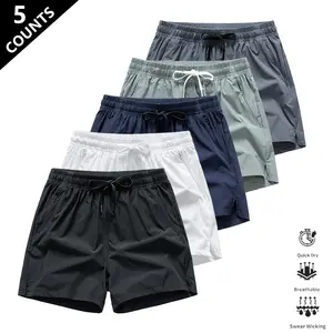 Men’s solid-color casual shorts, 5-pack, with zippered pockets—summer fashion drawstring athletic shorts suitable for gym and outdoor wear