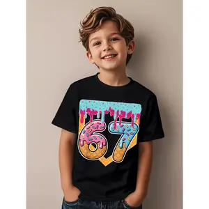 Boys' 67 Ice Cream Drip Meme Six Seven Gen Alpha Slang Graphic T-Shirt - with Colorful Number 67 & Ice Cream Drip Design, Casual Round Neck Short Sleeve Tee for Casual Attire, Spring Summer Fall Outfits, Comfortable Playwear for, Trendy 'tyle