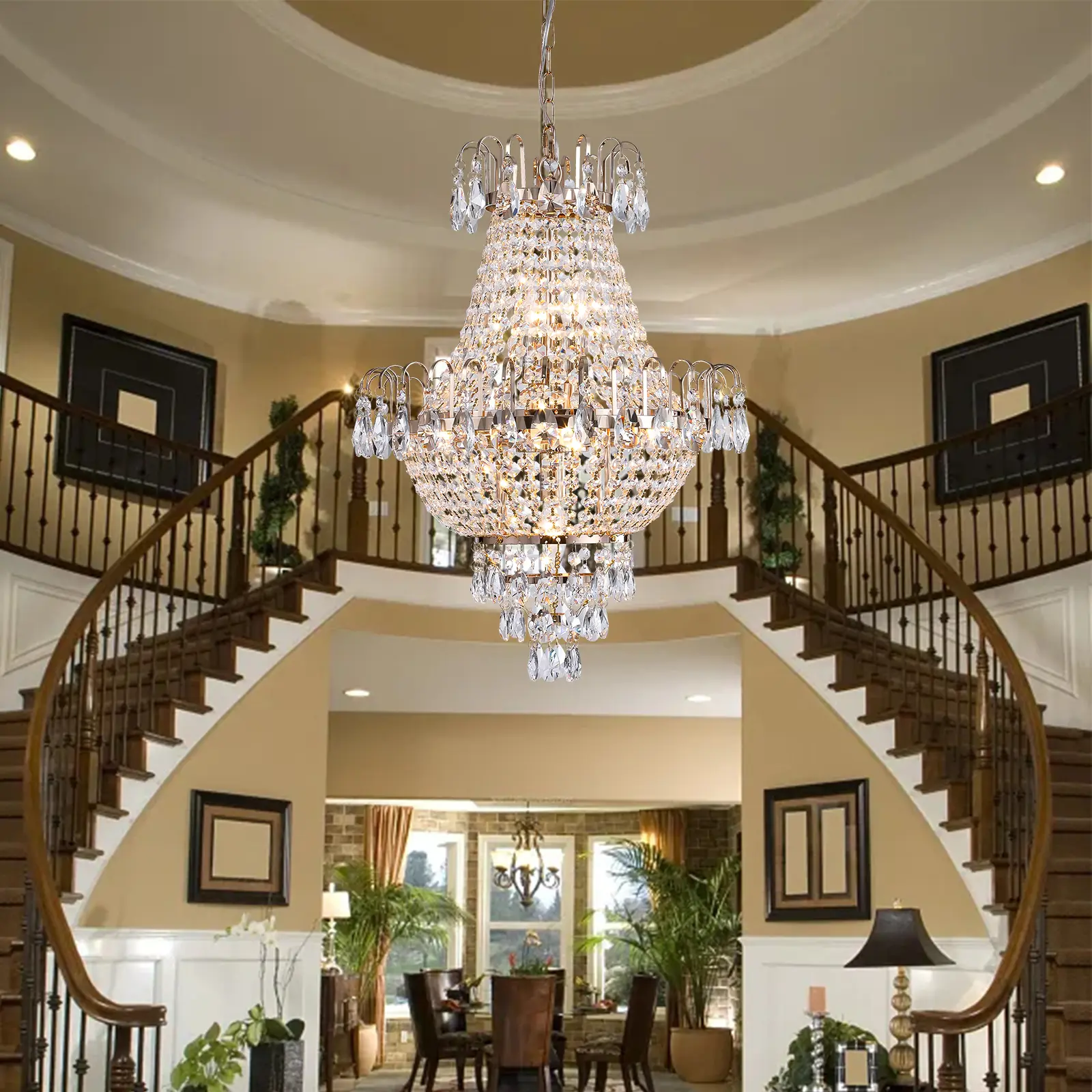 French gold K9 crystal empire chandelier — luxury adjustable pendant light