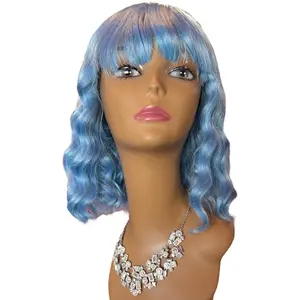 Aisha-synthetic 14” soft blue loose wave bob wig with bangs