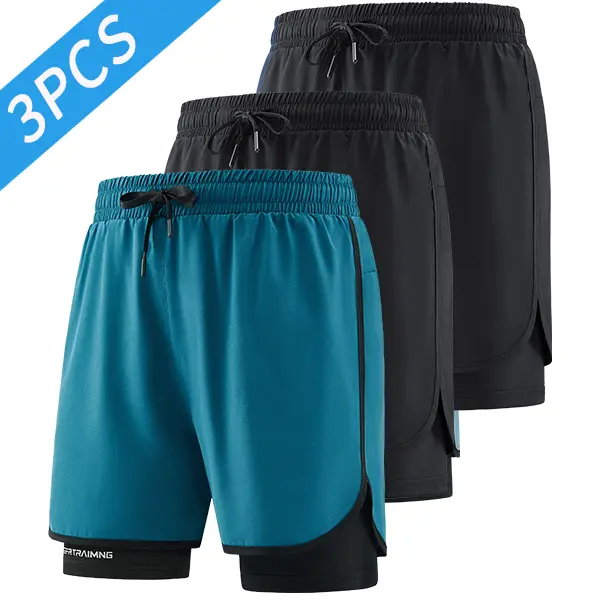 Men’s 3-pack double-layer faux two-piece athletic shorts with side slits and anti-exposure lining; breathable, quick-drying summer shorts for running, fitness, and casual wear.