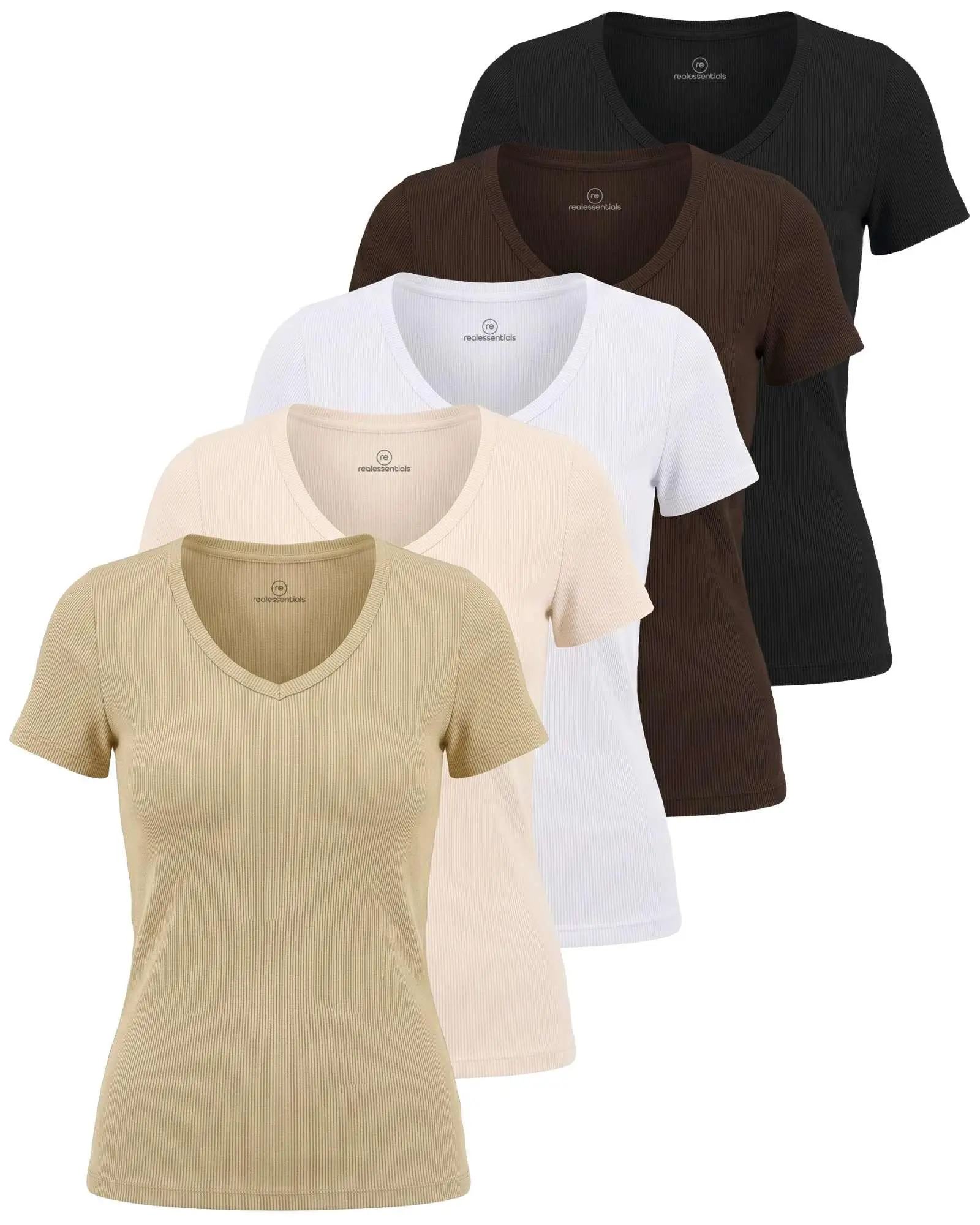 Real Essentials 5 Pack: Women's Ribbed V-Neck T-Shirt Short Sleeve Tee Shirt Soft Casual Lounge Everyday Top Ladies Teens