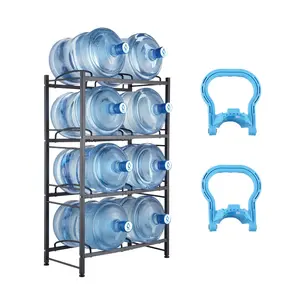 4-Tier Water Jug Holder, Double-Row Water Bottle Rack for Up to 8 Bottles, Black Freestanding Organizer for Kitchen, Pantry, Laundry, or Garage, Heavy-Duty Steel Frame, Anti-Slip Feet, Easy Assembly, Space-Saving Storage Solution