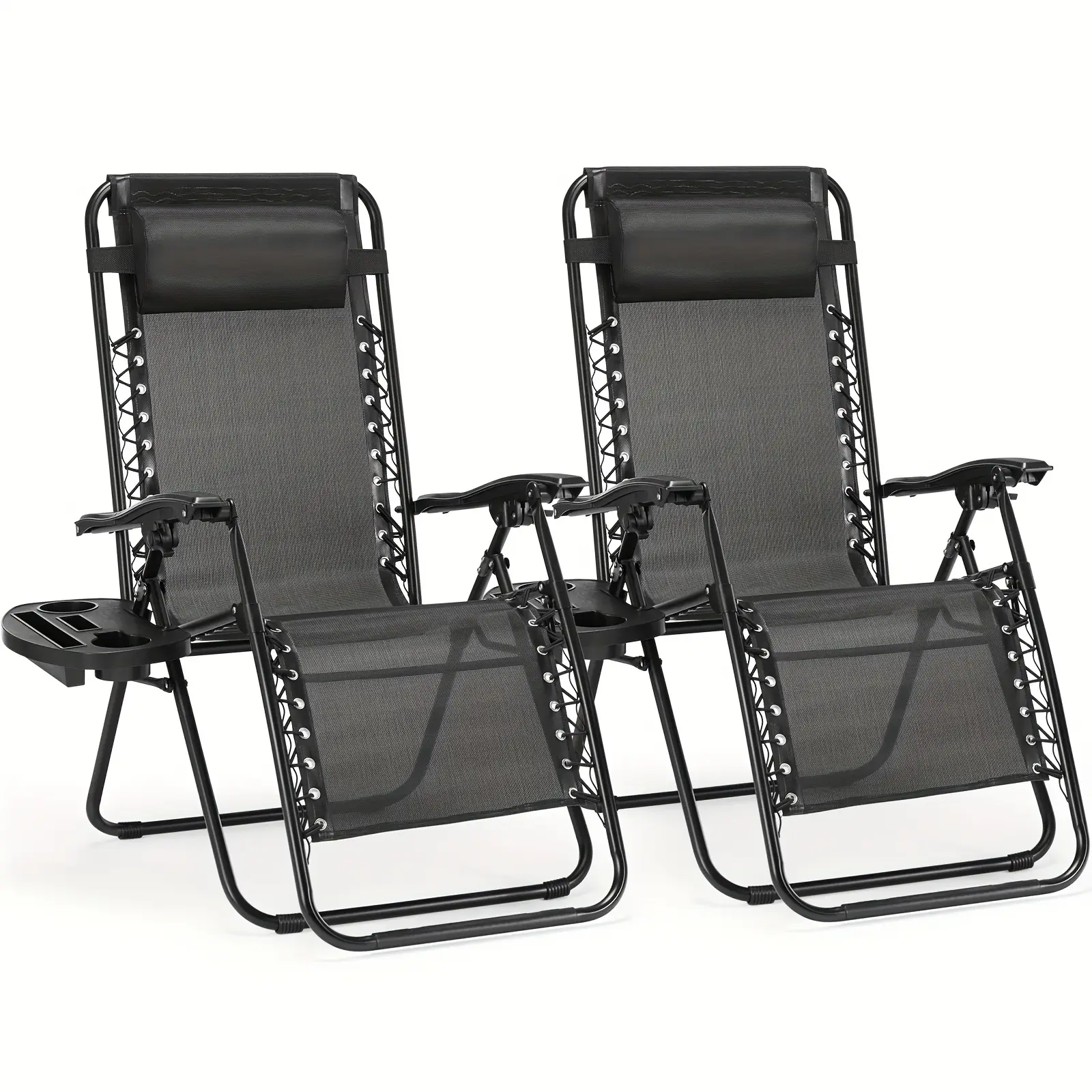Set Of 2 Portable Recliner Chair Indoor, Beach Camping Patio Chair, Outdoor Folding Lounge Chair Indoor With Cup Holder Trays And Adjustable Pillow Fo