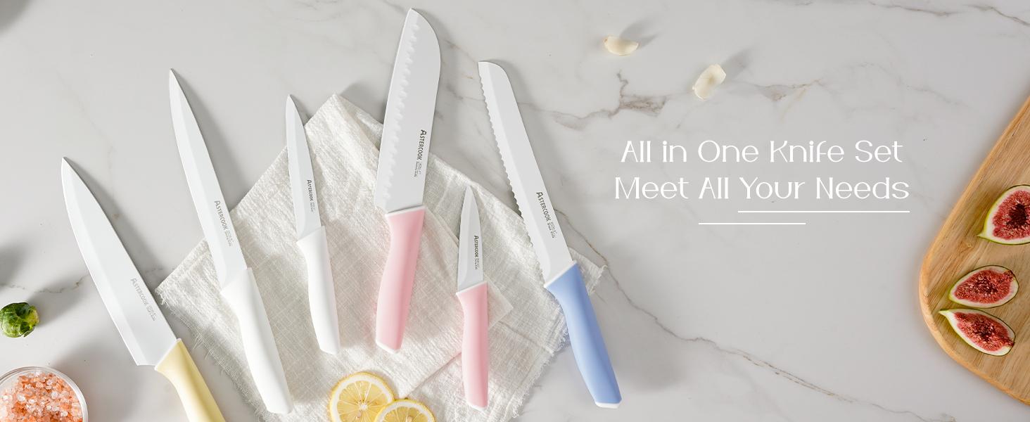 Astercook 14-Piece Professional Kitchen Knife Set – High Carbon Stainless Steel Chef, Bread, Santoku & Steak Knives with Hardwood Block, Ideal Valentine’s Day Gift Pink Wooden