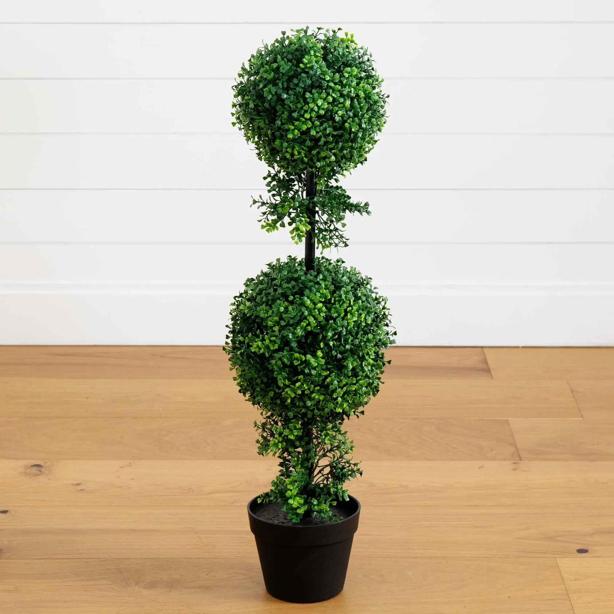 34” Synthetic Decorative Double Ball Boxwood Topiary Tree, Indoor-Outdoor Home Decor Plant with Moss Accent