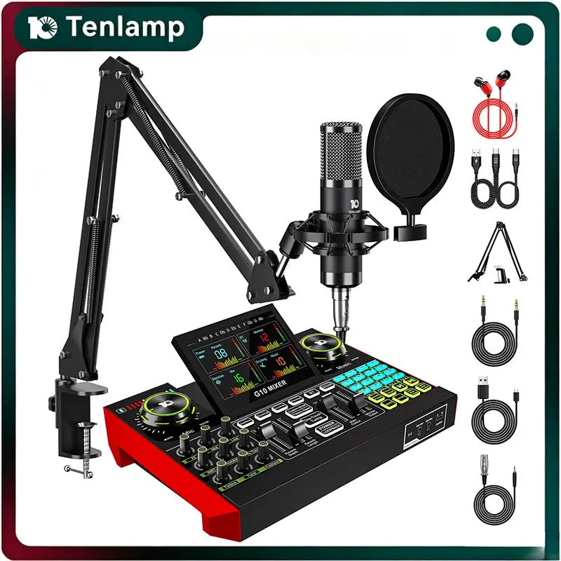 Tenlamp G10 Audio Interface Sound Card for Live Streaming, Podcast Equipment Bundle with Microphone, Bluetooth Karaoke Mixer with XLR, Voice Changer, Streaming Audio Mixer for iPhone PC Gaming