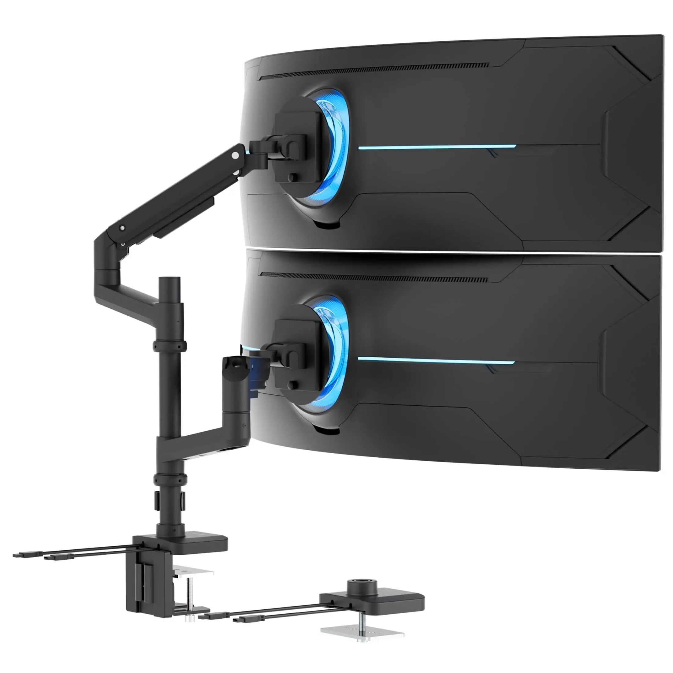 Mount-It! Heavy-Duty Vertical Dual Monitor Mount - Adjustable Arm, Dual Support, High Tech Platforms & Stands (2 Screens Up to 49" Ultrawide, 44 lbs/Arm, Full Motion Gas Springs, Height-Adjustable Pole, VESA, USB-C Port, Clamp/Grommet)