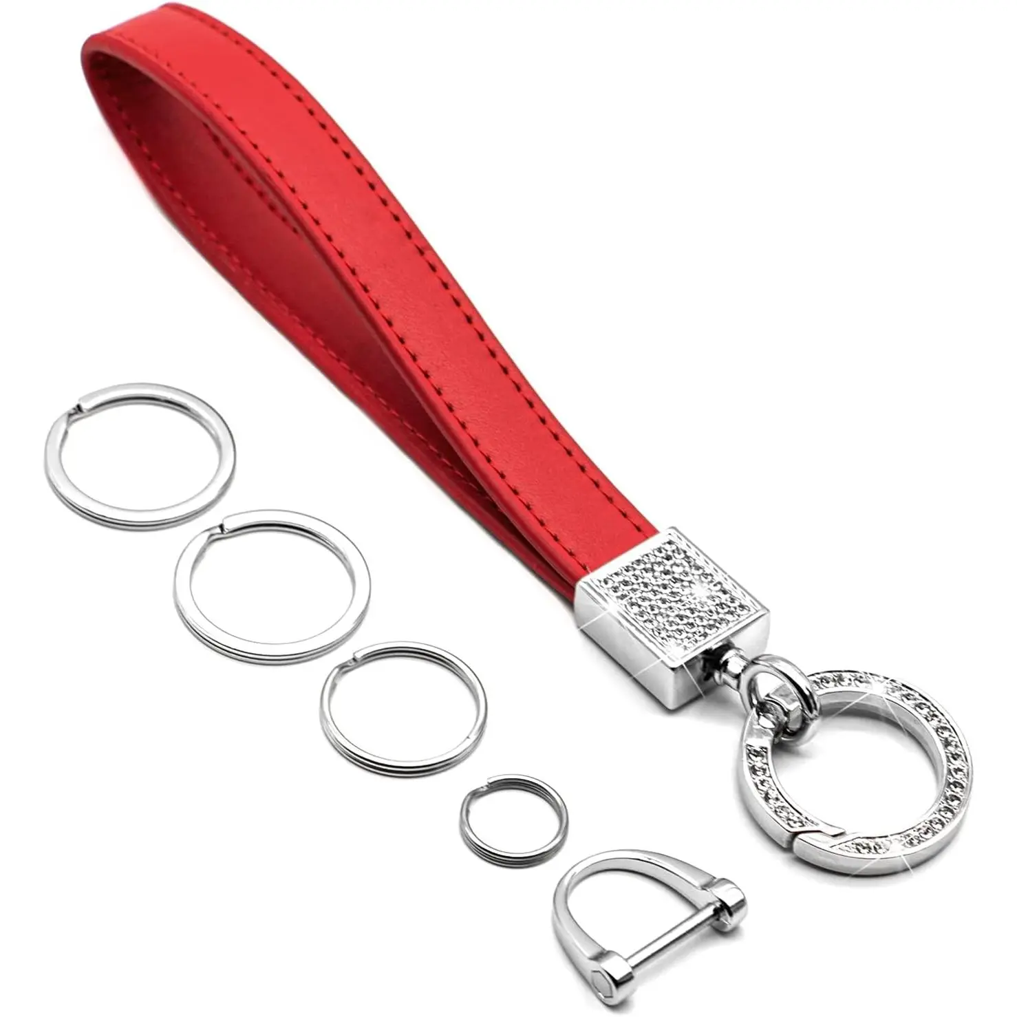 Bling Car Keychain for Women, Universal Genuine Leather Wristlet Strap Key FOB Holder Key Chain Carabiner Clip Accessories Parts with Sparkly Rhinestones, Anti-Lost D-Ring, 4 Key Rings - Red