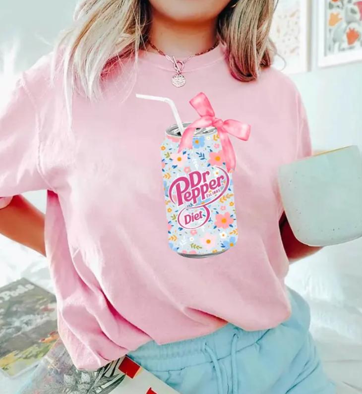 Blue Floral Soda Can Shirt, Diet Dr Pepper, Coquette Soda Sweatshirt, Coquette Bow Hoodie, Cute Baby Pink Bow Tee, Full Color, Full Size