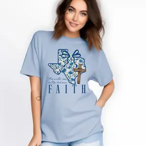 Comfort Colors 1717 Women's Ivory Blue Floral Texas Map Comfort Color T-Shirt with Cross Symbol for Flood Relief Support & Everyday Wear Meaningful Streetwear Crewneck Casual Top Womenswear Tshirt