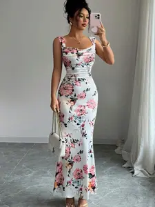 Women's Floral Print Pleated Square Neck Sleeveless Dress