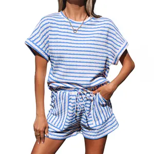 Asvivid Women's Stripe Knitted Short Sleeve Top and Drawstring Shorts Set Summer Outfits Clothing Sets