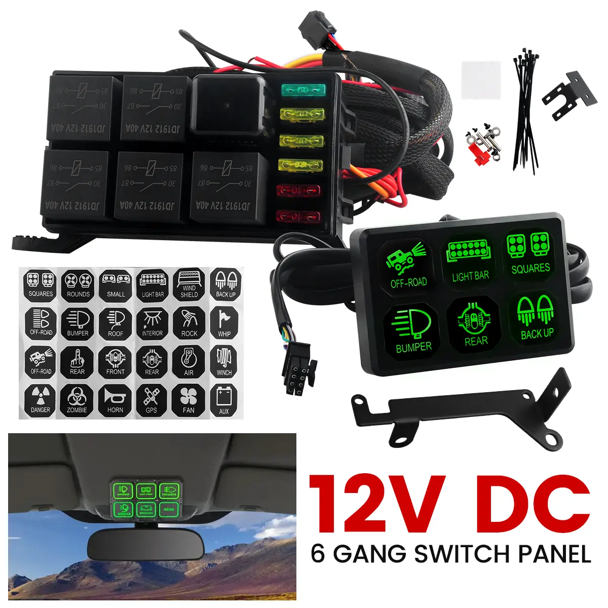 VASTFIRE 6-Gang Switch Panel with Relay Control & Fuse Box, 960W 12V/24V 6x40A Circuit Set, Marine Universal for Car/RV, Overload Safety, Thermal Protection, Easy Installation Harness Kit, LED Light Accessories