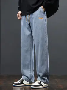 Men's Street Style Jeans, Denim, Streetwear Retro Stone Washed Straight Leg Drawstring Waist Pants, Minimalist Urban Daily Wear, Suitable for Four-Season Outfits, Ideal Gift for Husband or Boyfriend