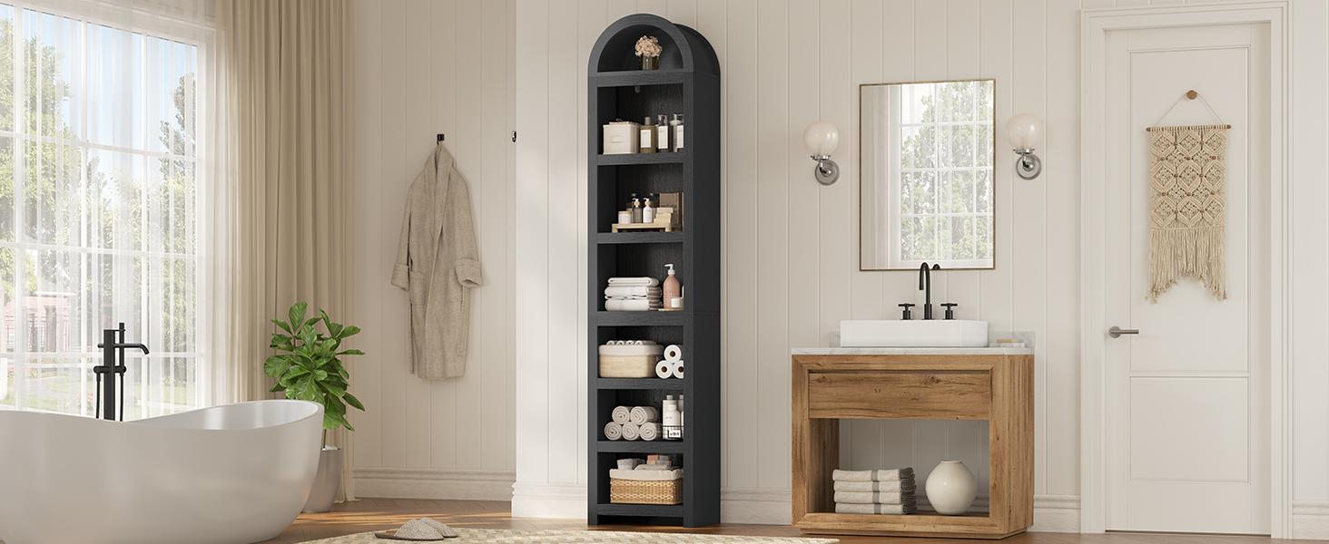 76" Tall Narrow Arched Wooden Bookshelf - 7-Tier Modern Curved Slim Space Saver Storage Cabinet with Adjustable Custom Shelf Fit for Home Library, Living Room, Storage Organization