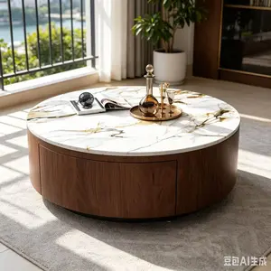 Bellemave Rustic Round Coffee Table - Sintered Stone Top, 2 Drawers - Modern Indoor Living Room Center Furniture Piece