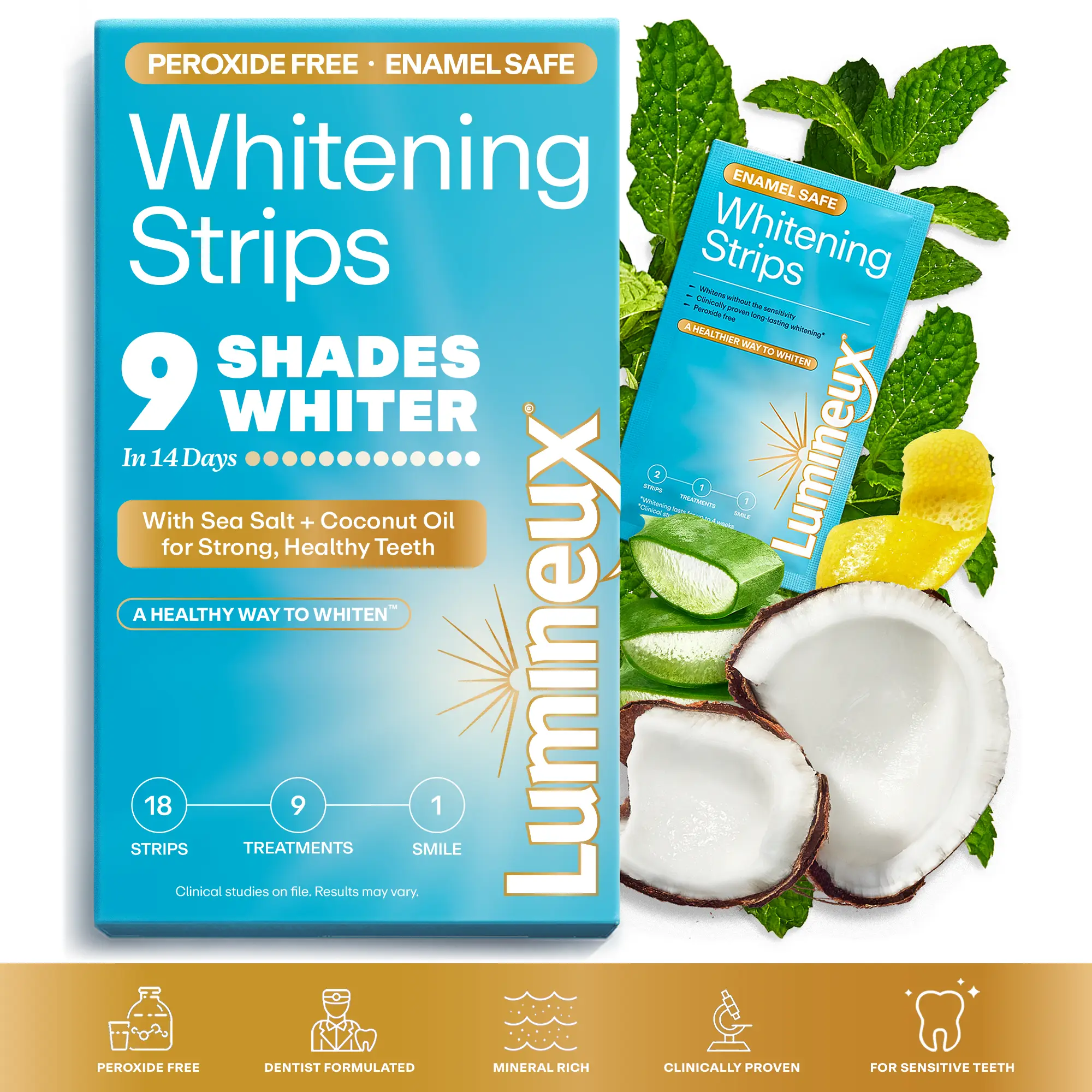 Lumineux Mineral Salt Whitening Strips 9 Pack Peroxide Free Enamel Safe Teeth Brightening Booster with Sea Salt & Coconut Oil for Strong Healthy Teeth