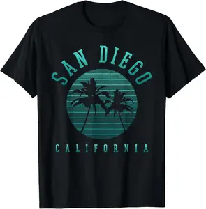 San Diego California Palm Trees Beach Vintage Retro Summer Casual Short Sleeve Cotton T-Shirt
