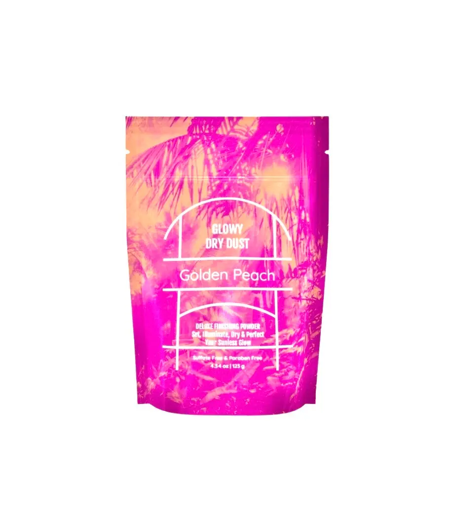Glowy Dry Dust: Golden Peach Luminous Organic Setting Powder with organic Cocoa to set makeup, self tanner and spray tans