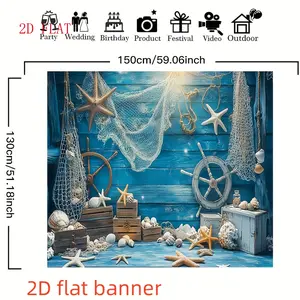 2D Banner, 1-Piece Ocean Theme Banner - Nautical decoration featuring starfish, shells, and rope net designs, blue and white polyester photo backdrop, suitable for home wall decoration, birthday parties, beach-themed events, and holiday wall decoration |
