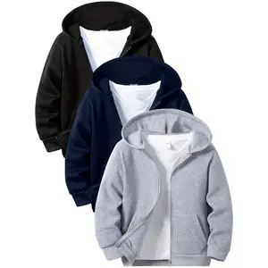 3pcs 'leece-Lined Zip-Up Hooded Sweatshirts - Winter Warm Full-Zip Casual Sportswear, Soft Fleece Lining, Long Sleeve Pullover with Hood,  (Black/Navy Blue/Light Grey) for Everyday & Play, Durable & Easy-Care 'uterwear