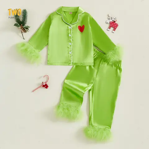 Kid Christmas Satin Pajamas Set Heart Print Feather Trim Long Sleeve Lapel Button Down Tops With Elastic Waist Pants Feather Cuffs Sleepwear