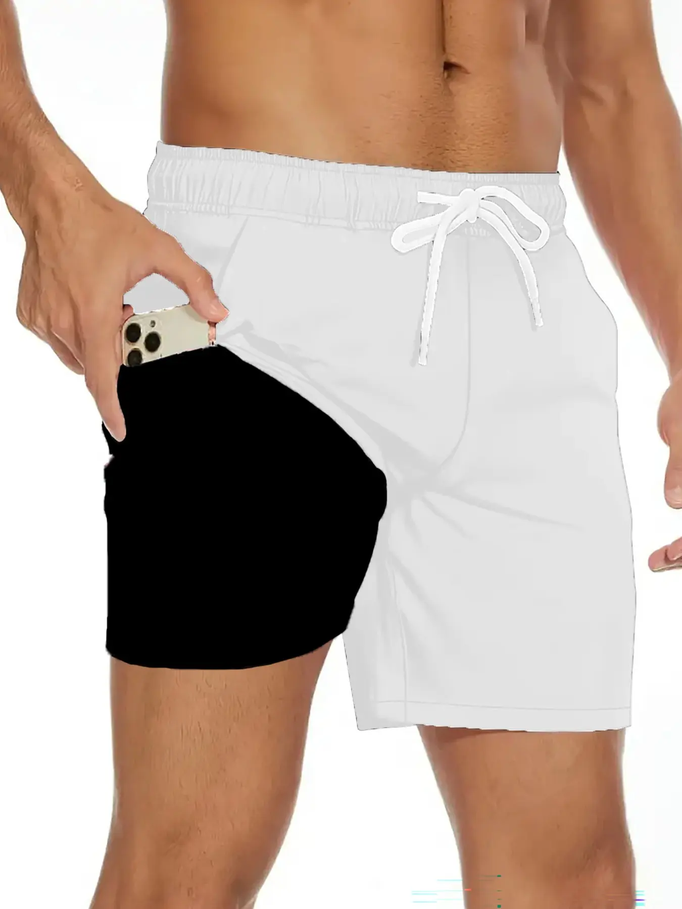 Men's Double Layer Beach Swim Trunks with Phone Pocket Quick Dry Board Minimalist Contrast Color Short Summer Casual Gym Shorts with Compression Liner Swimwear Shorts