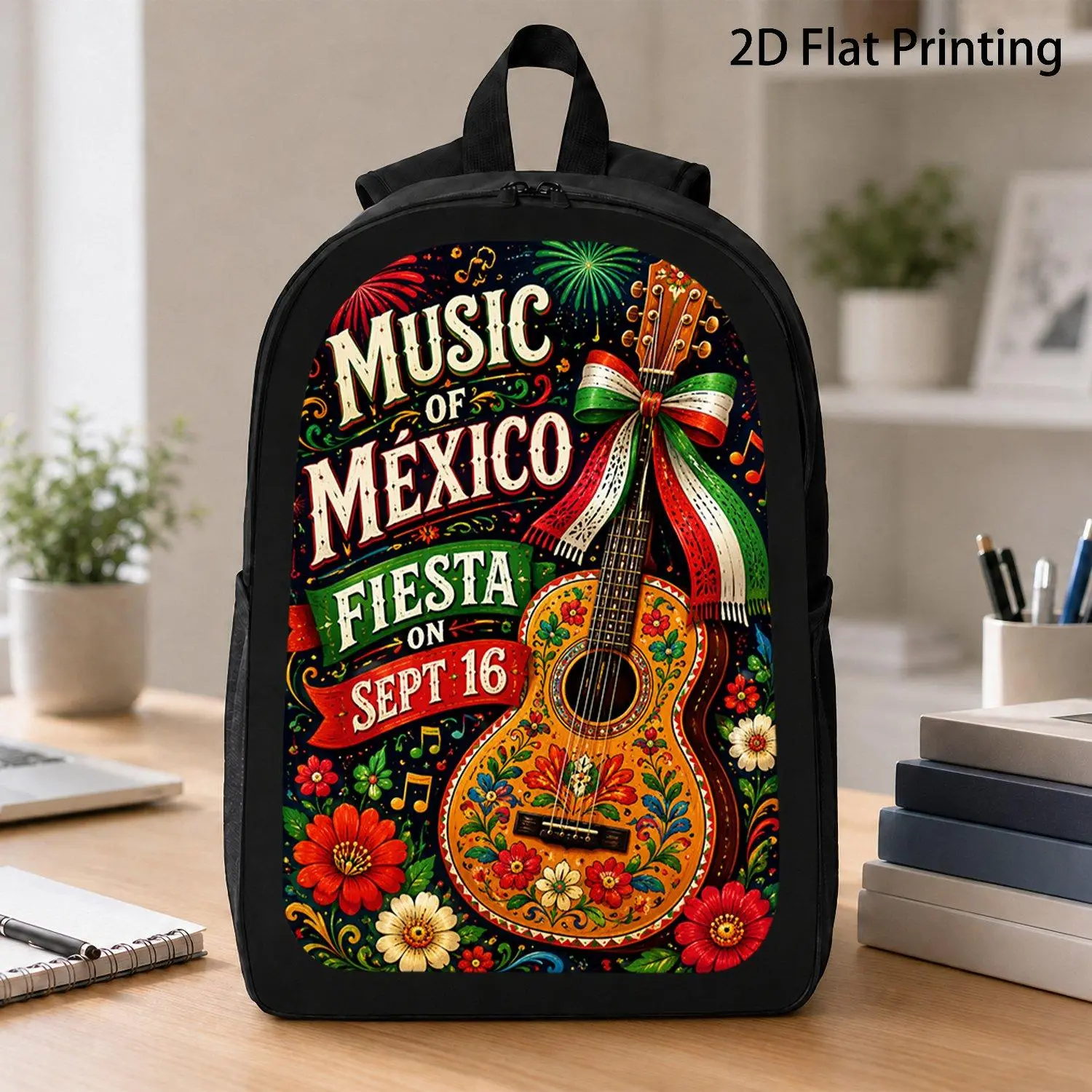 [17 Inch Backpack] 1pc Music Of Mexico Colorful Floral Painted Guitar Fiesta Art Backpack Trending Mexican Independence Day Travel Backpack For Outdoor Daily Use