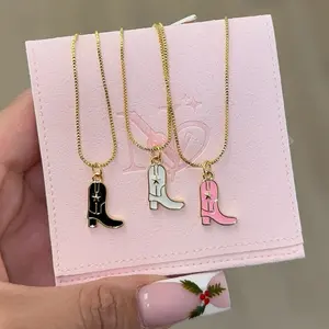 Cowboy Boot Enamel Necklace Set - Gold Chain with Black White & Pink Boot Charms for Women